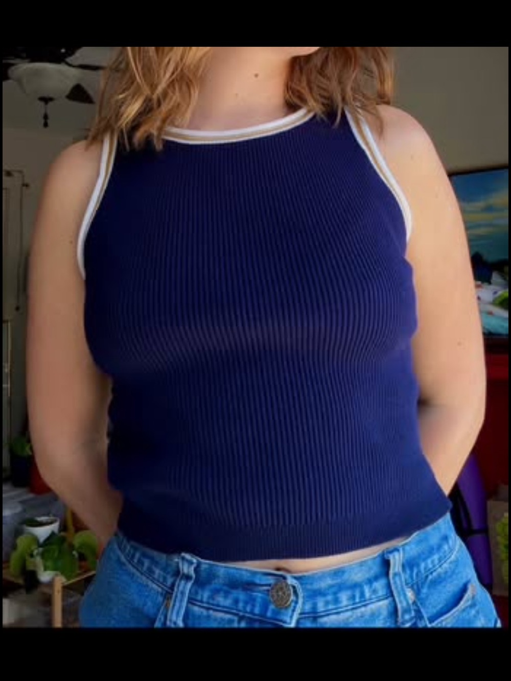 Caroline Constas Navy Ribbed Tank with White & Gold Trim Accents